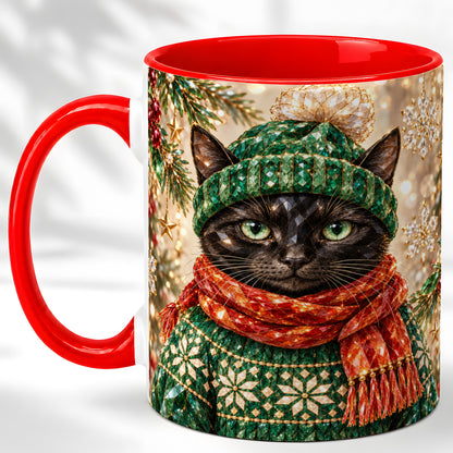 Christmas Black Cat Coffee Mug, Winter Kitty Mug, Ceramic Cup