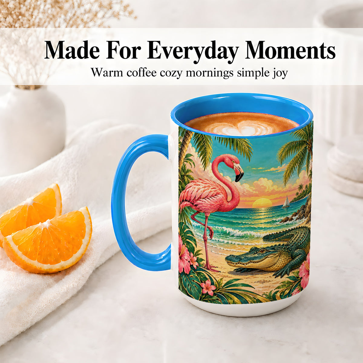 #pl[15oz|Blue] Tropical Flamingo Ceramic Mug with Alligator Beach Wildlife Artwork