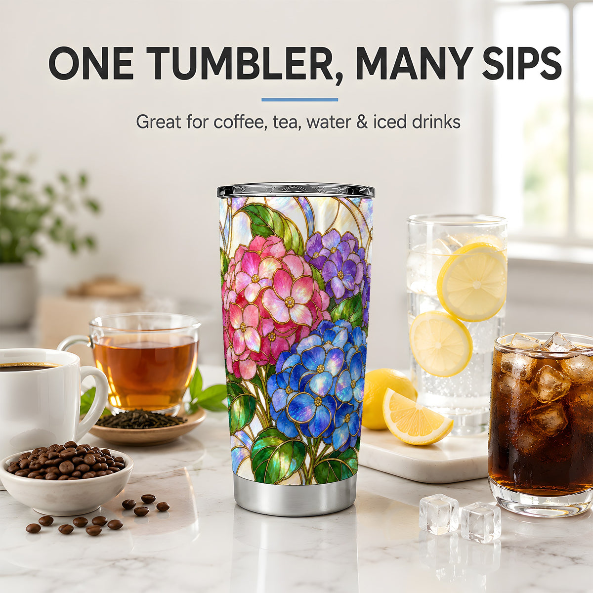 Hydrangea 20oz Tumbler, Stained Glass Floral Artwork for Gardeners