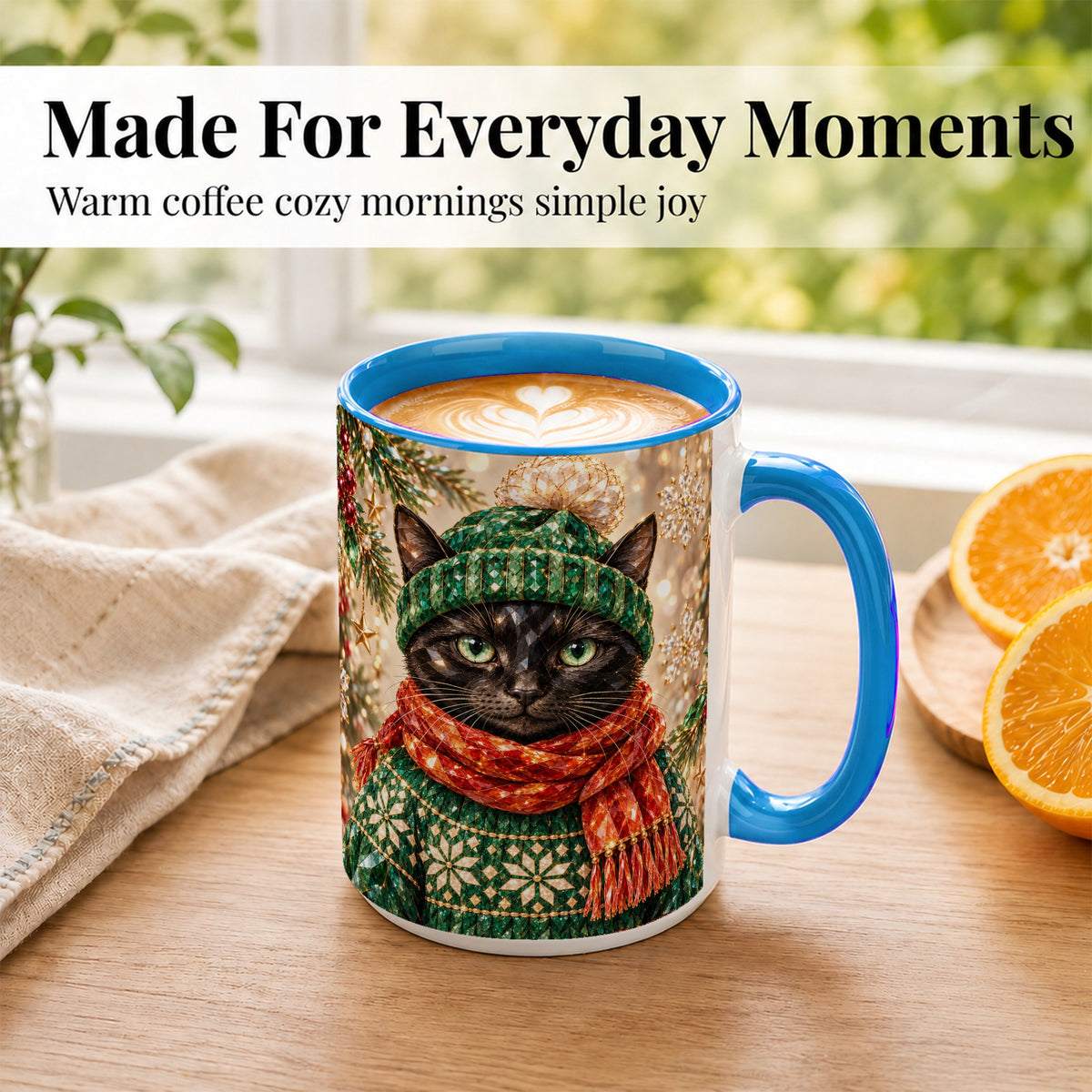 #pl[15oz|Blue] Christmas Black Cat Coffee Mug, Winter Kitty Mug, Ceramic Cup