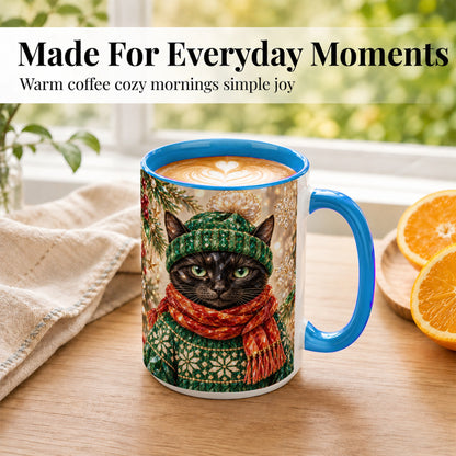 #pl[15oz|Blue] Christmas Black Cat Coffee Mug, Winter Kitty Mug, Ceramic Cup