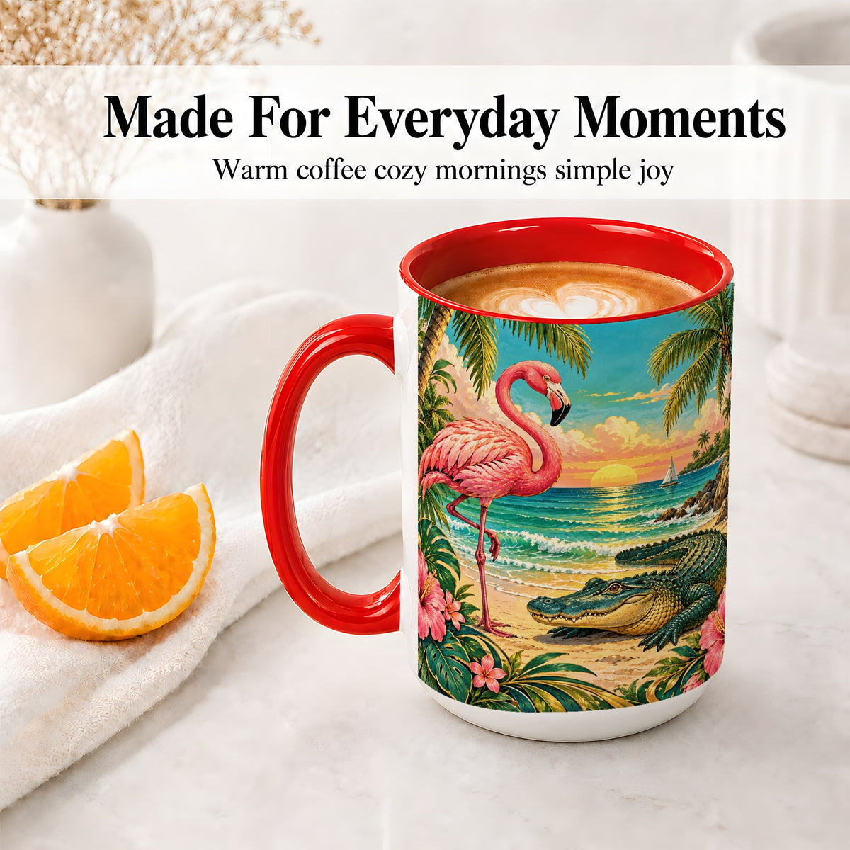 #pl[15oz|Red] Tropical Flamingo Ceramic Mug with Alligator Beach Wildlife Artwork