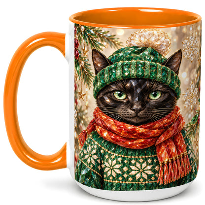 #pl[15oz|Orange] Christmas Black Cat Coffee Mug, Winter Kitty Mug, Ceramic Cup