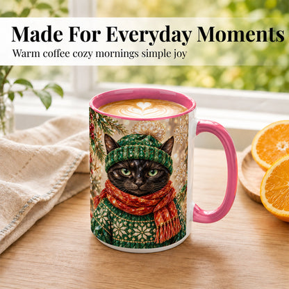 #pl[15oz|Pink] Christmas Black Cat Coffee Mug, Winter Kitty Mug, Ceramic Cup