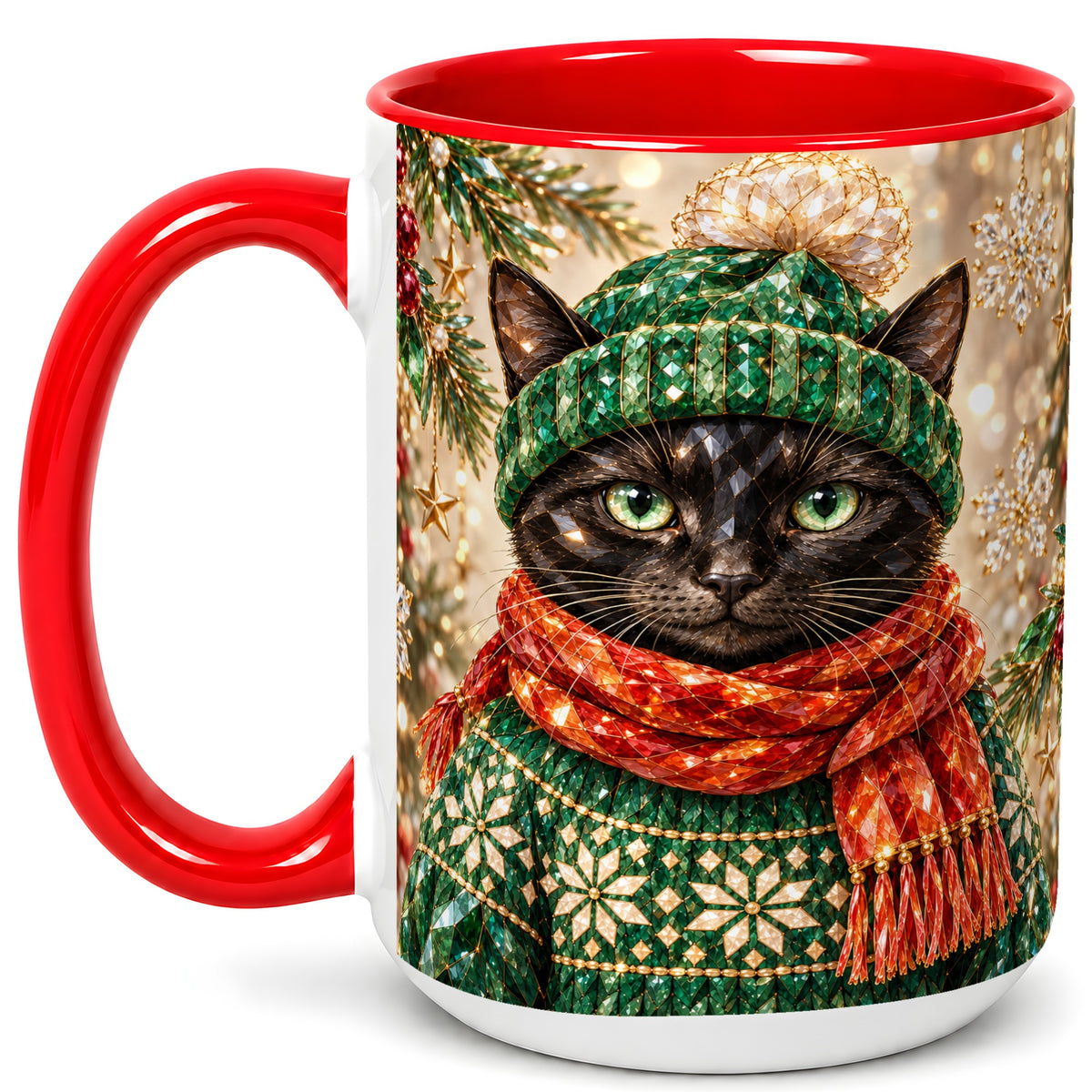 #pl[15oz|Red] Christmas Black Cat Coffee Mug, Winter Kitty Mug, Ceramic Cup