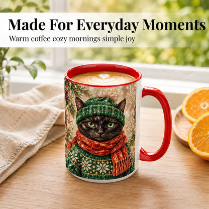 #pl[15oz|Red] Christmas Black Cat Coffee Mug, Winter Kitty Mug, Ceramic Cup