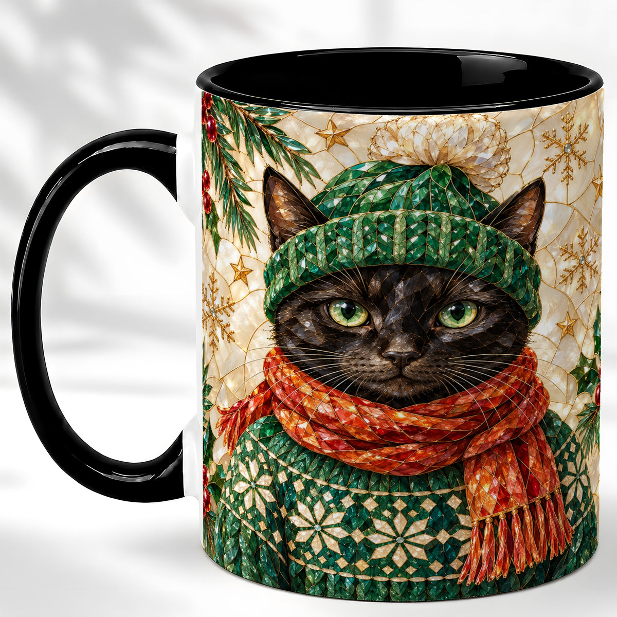 #pl[11oz|Black] Stained Glass Cat Coffee Mug, Christmas Black Kitty Mug, Ceramic Cup