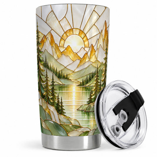 Mountain Lake 20oz Tumbler, Stained Glass Landscape Art for Nature Fans