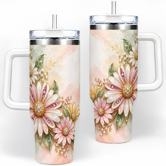 Jeweled Daisy Floral 40oz Tumbler with Pink Botanical Nature Artwork