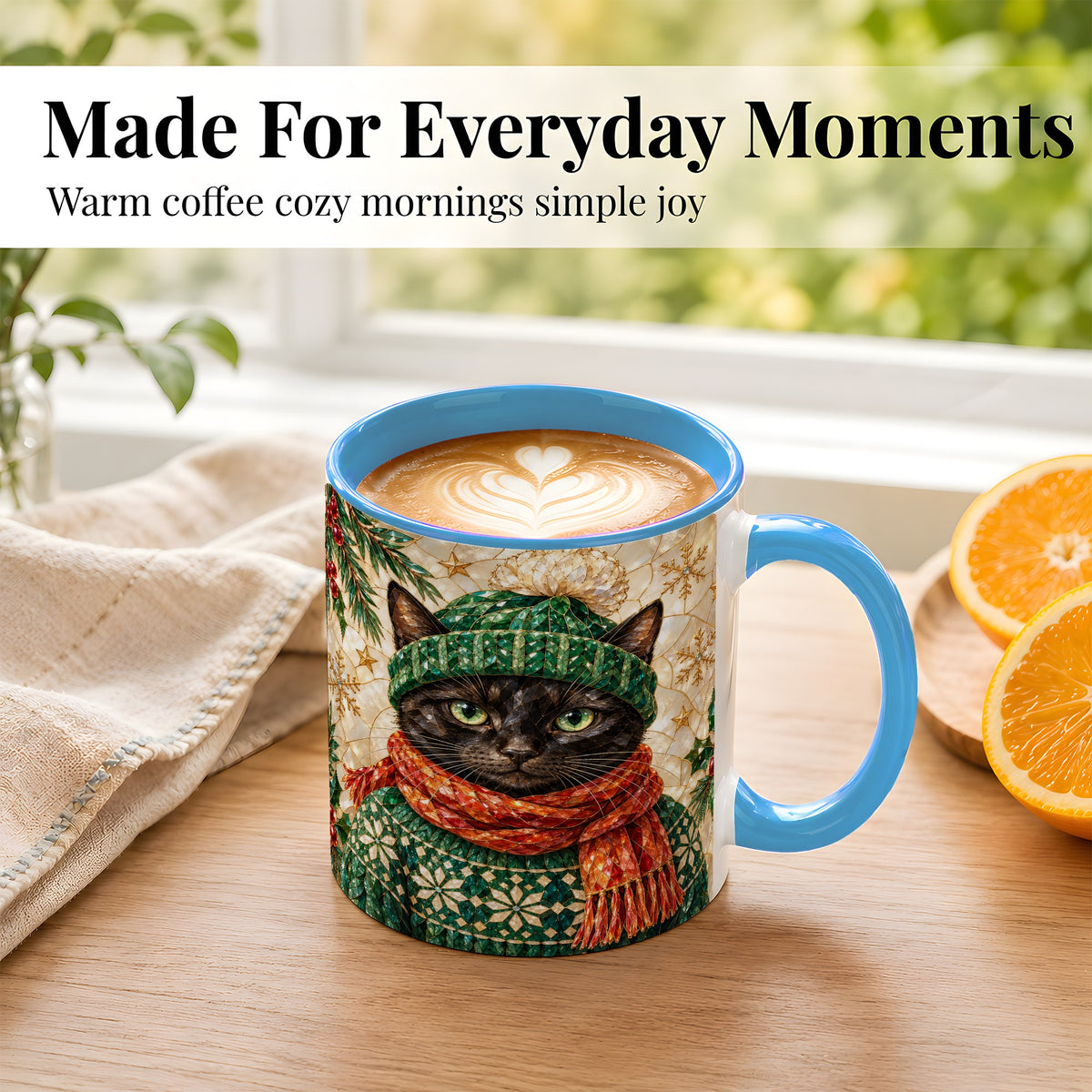 #pl[11oz|Blue] Stained Glass Cat Coffee Mug, Christmas Black Kitty Mug, Ceramic Cup