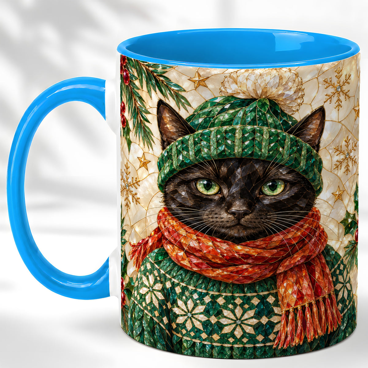 #pl[11oz|Blue] Stained Glass Cat Coffee Mug, Christmas Black Kitty Mug, Ceramic Cup