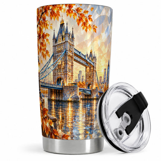 London Landmark 20oz Tumbler, Autumn Bridge Skyline Art for Travelers