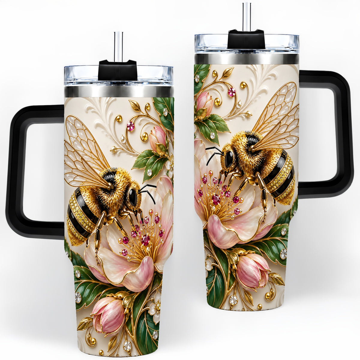 #pl[40oz|Black] Jeweled Bee Floral 40oz Tumbler with Pink Blossom Botanical Artwork