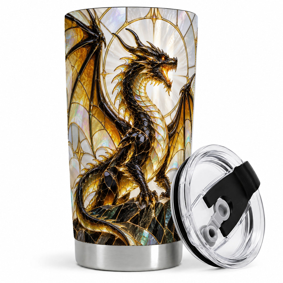 Black Gold Dragon 20oz Tumbler, Stained Glass Fantasy Art for Dragon Fans