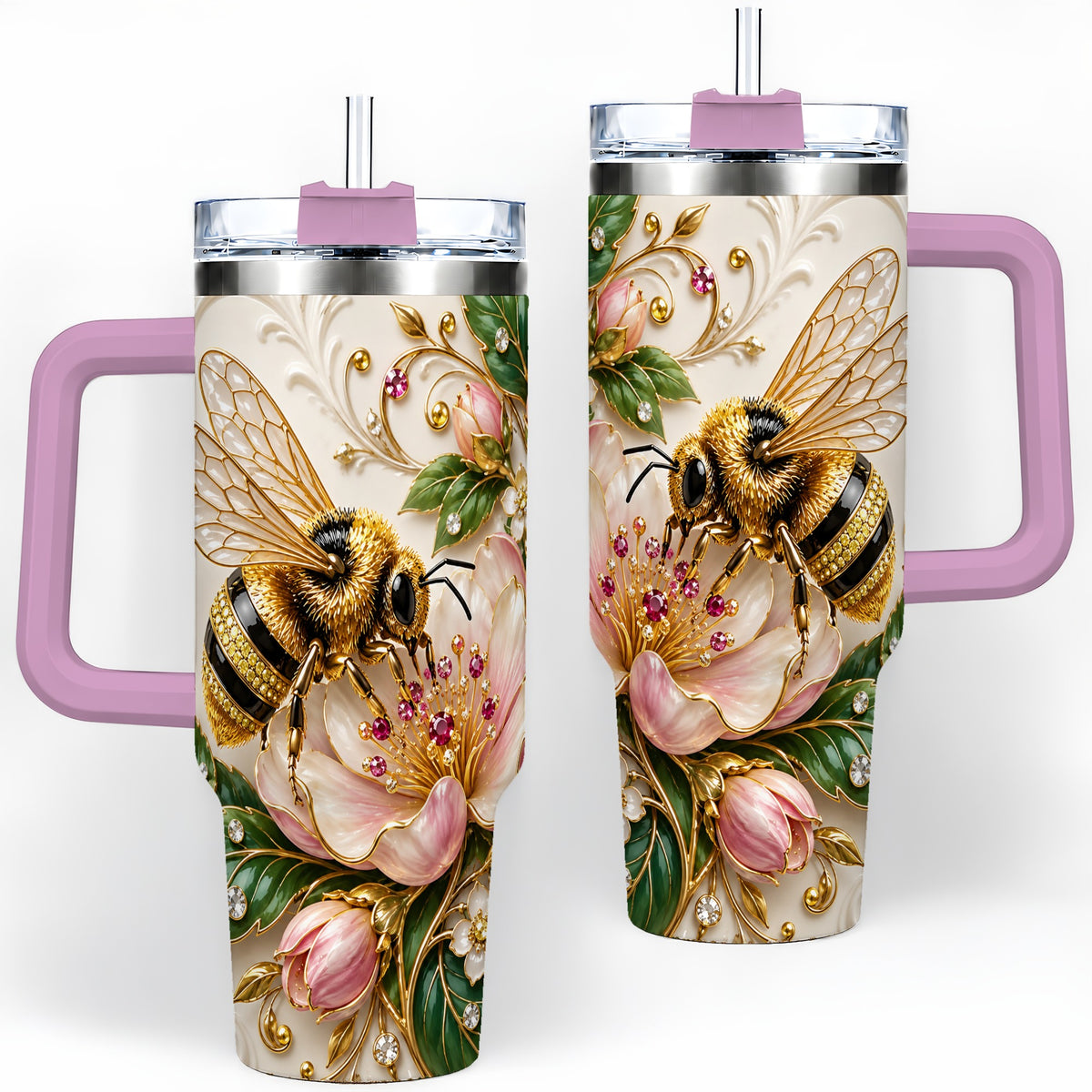 #pl[40oz|Pink] Jeweled Bee Floral 40oz Tumbler with Pink Blossom Botanical Artwork
