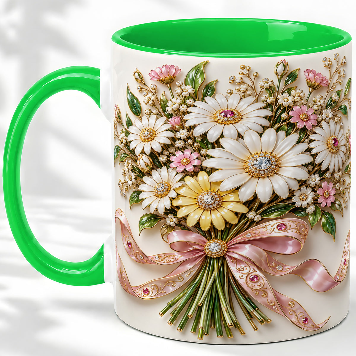 #pl[11oz|Green] Daisy Bouquet Ceramic Mug with Pink Ribbon Botanical Artwork