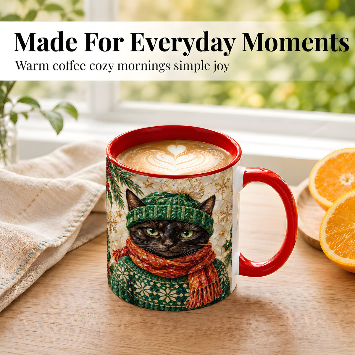 #pl[11oz|Red] Stained Glass Cat Coffee Mug, Christmas Black Kitty Mug, Ceramic Cup