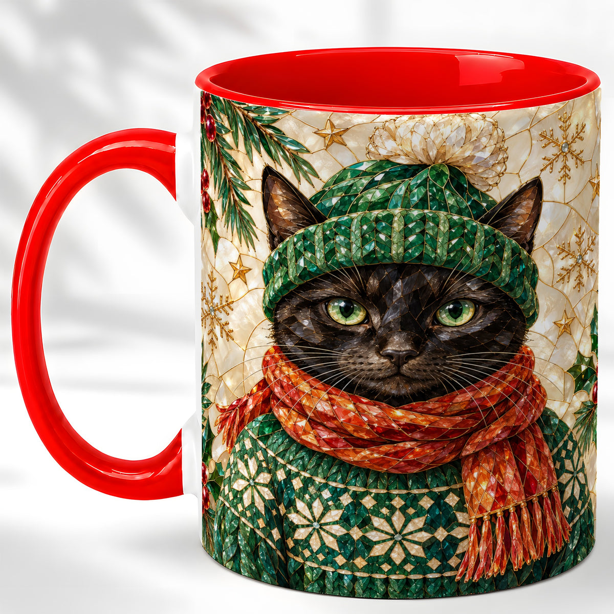 Stained Glass Cat Coffee Mug, Christmas Black Kitty Mug, Ceramic Cup
