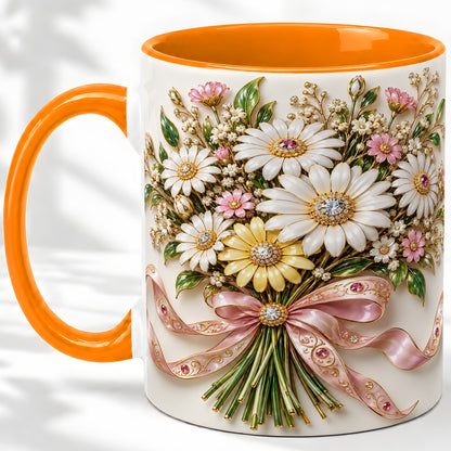 #pl[11oz|Orange] Daisy Bouquet Ceramic Mug with Pink Ribbon Botanical Artwork
