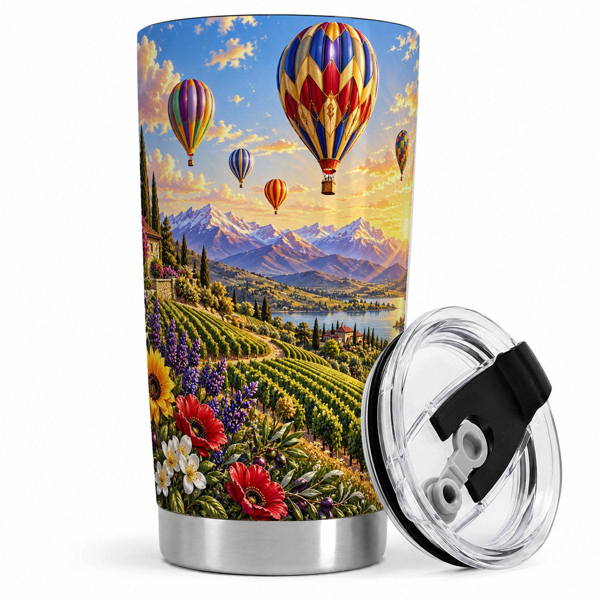 Hot Air Balloon 20oz Tumbler with Vineyard Landscape for Travel Lovers