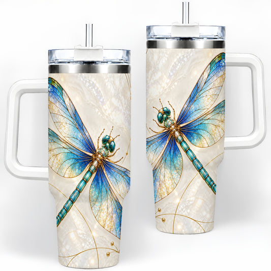 Blue Dragonfly 40oz Tumbler with Jewel-Inspired Botanical Artwork