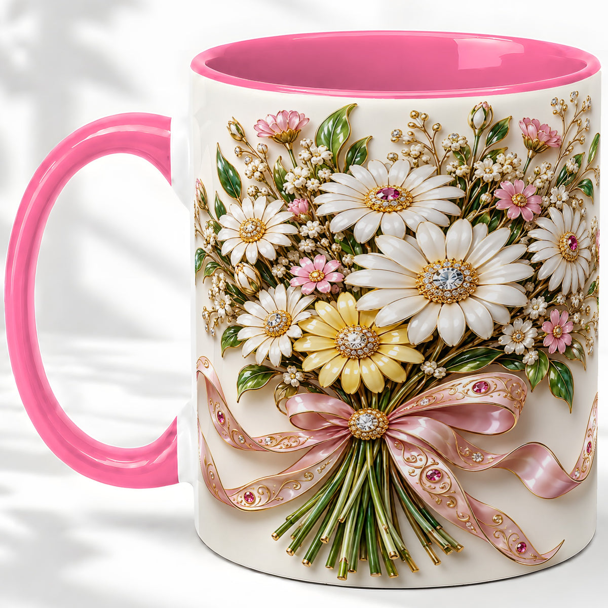 #pl[11oz|Pink] Daisy Bouquet Ceramic Mug with Pink Ribbon Botanical Artwork