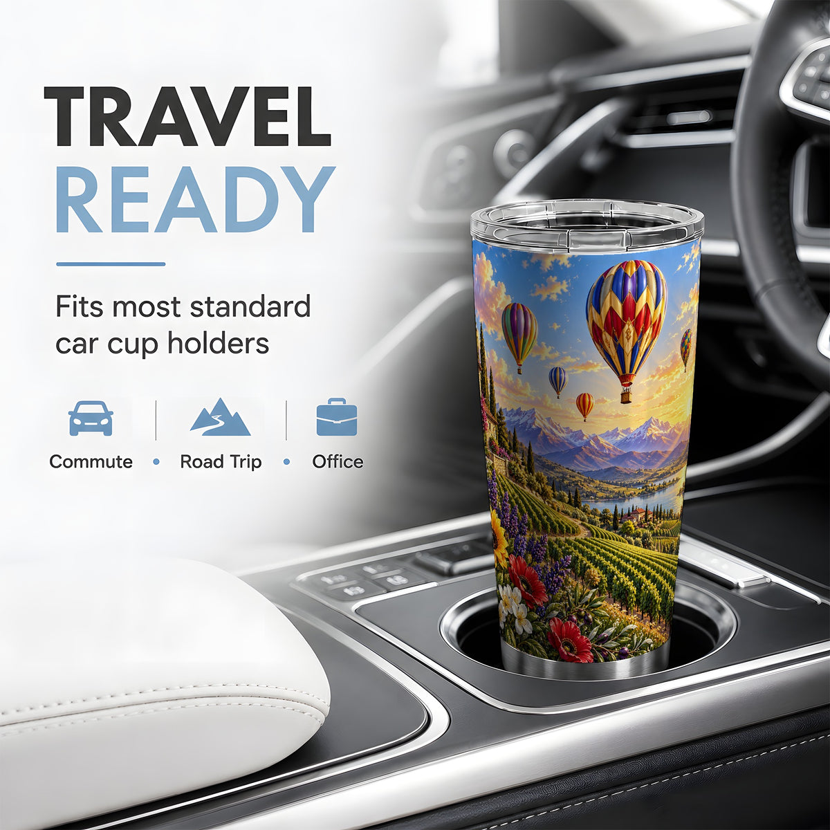 Hot Air Balloon 20oz Tumbler with Vineyard Landscape for Travel Lovers