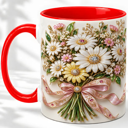 Daisy Bouquet Ceramic Mug with Pink Ribbon Botanical Artwork