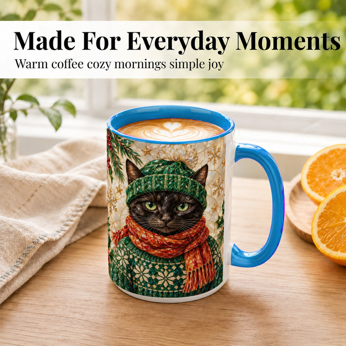 #pl[15oz|Blue] Stained Glass Cat Coffee Mug, Christmas Black Kitty Mug, Ceramic Cup