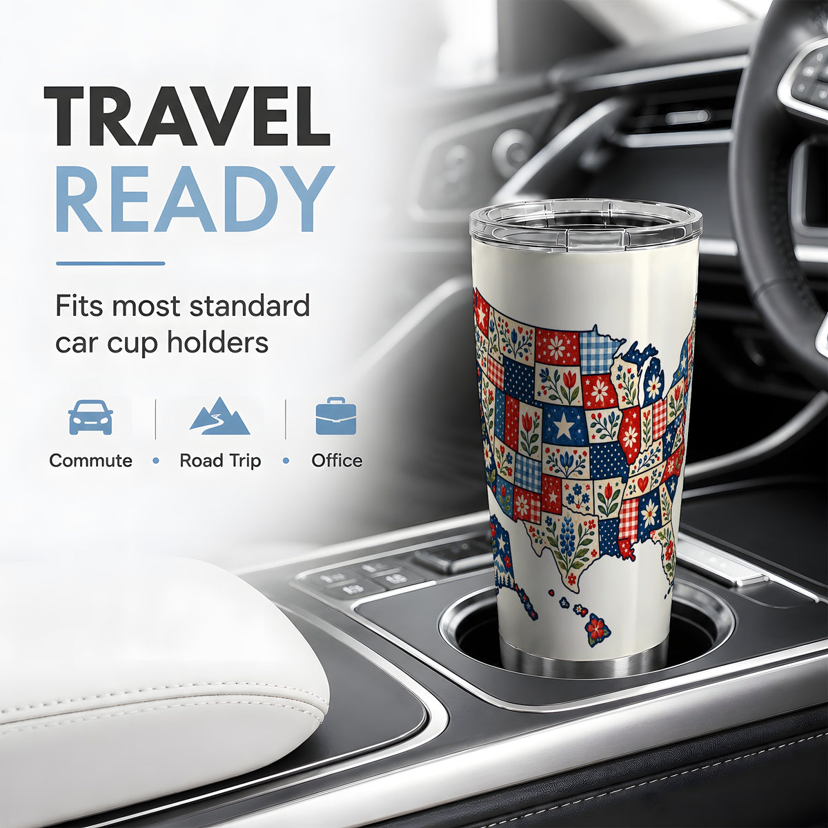 Patriotic USA Map 20oz Tumbler with Floral Patchwork Artwork