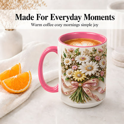 #pl[15oz|Pink] Daisy Bouquet Ceramic Mug with Pink Ribbon Botanical Artwork