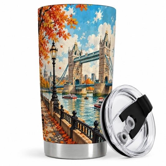 London Riverside Landmark 20oz Tumbler with Autumn Bridge Artwork