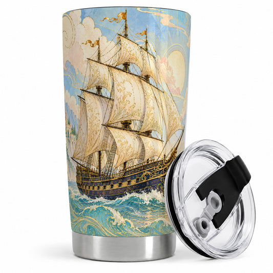 Vintage Sailing Ship 20oz Tumbler, Ornate Sunlit Ocean Wave Artwork