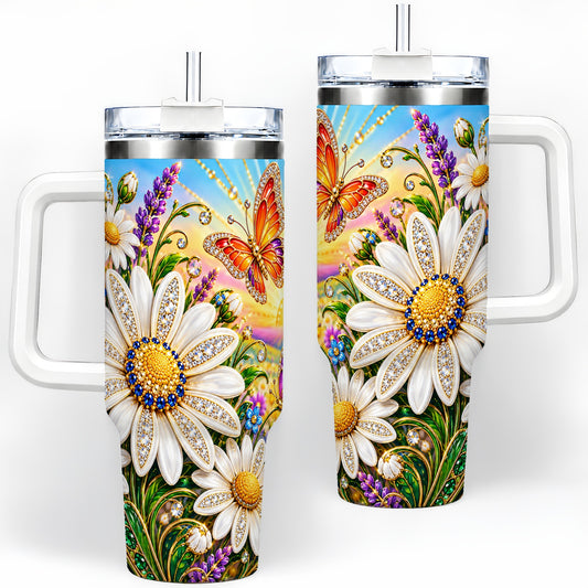 Daisy Butterfly 40oz Tumbler with Colorful Sunrise Botanical Artwork