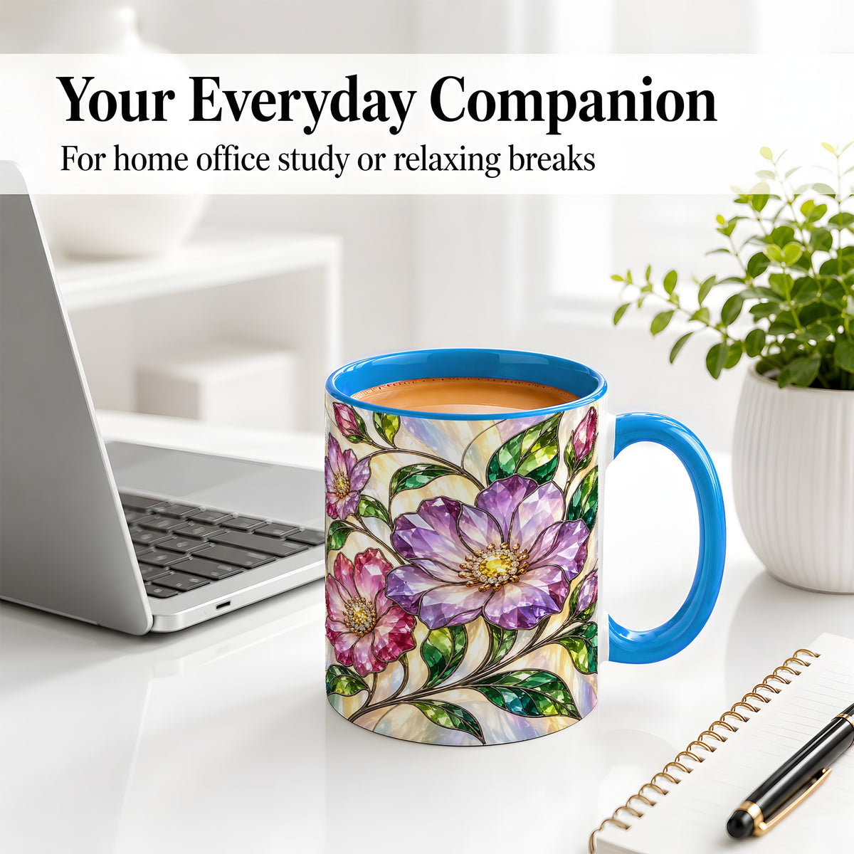 #pl[11oz|Blue] Gemstone Floral Ceramic Mug with Purple Pink Botanical Artwork