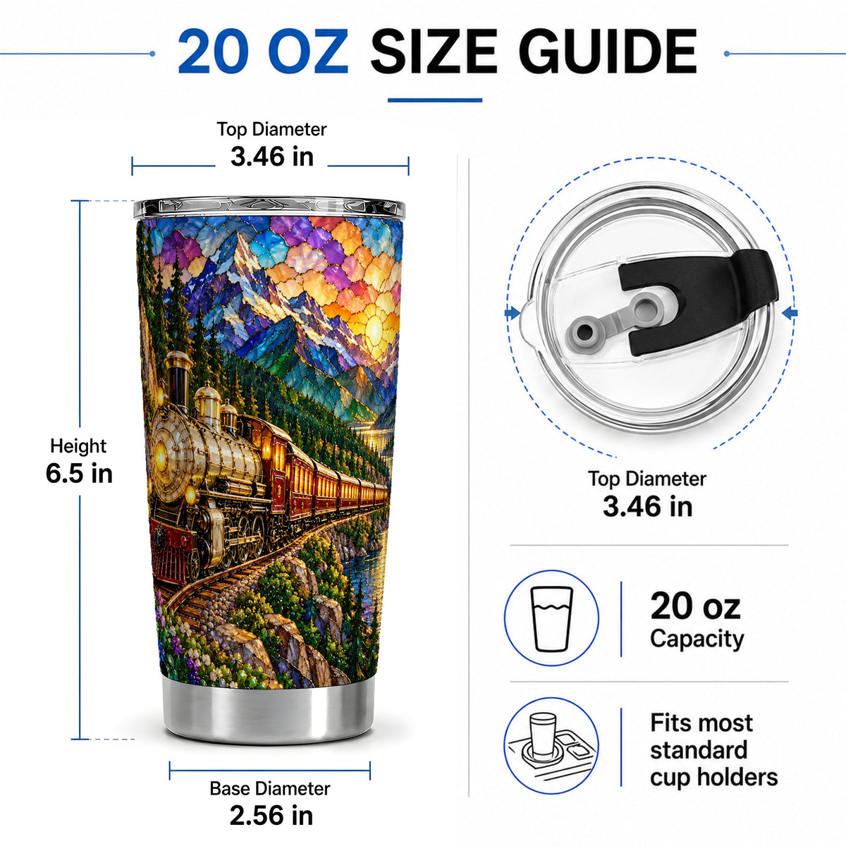 #pl[20oz|Steel] Mountain Train 20oz Tumbler, Stained Glass Scenic Railway Artwork