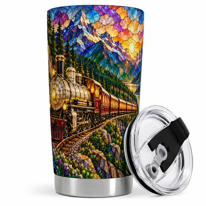 Mountain Train 20oz Tumbler, Stained Glass Scenic Railway Artwork
