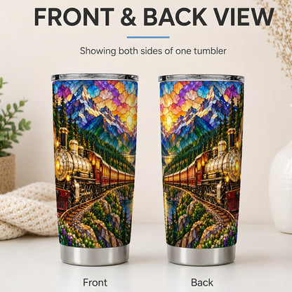 #pl[20oz|Steel] Mountain Train 20oz Tumbler, Stained Glass Scenic Railway Artwork