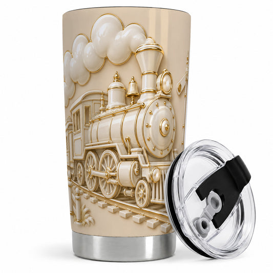 Vintage Steam Train 20oz Tumbler, Ivory Gold Locomotive Scene Artwork