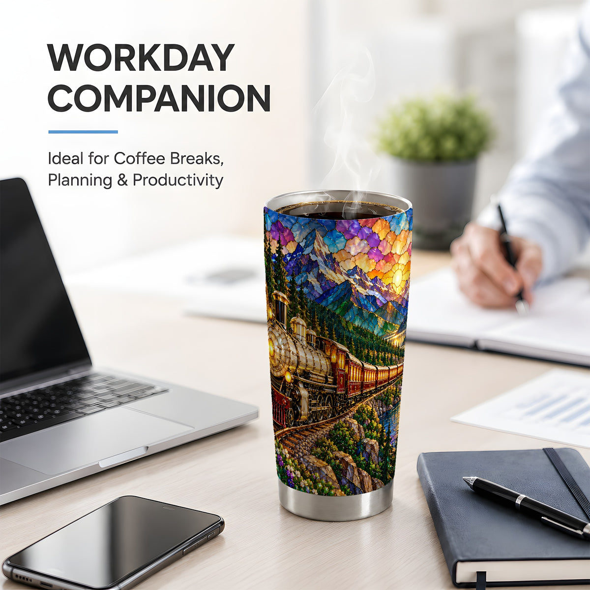 Mountain Train 20oz Tumbler, Stained Glass Scenic Railway Artwork