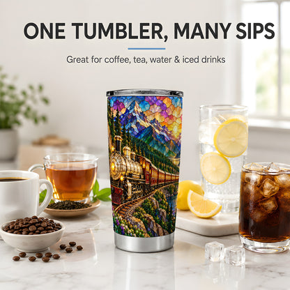 Mountain Train 20oz Tumbler, Stained Glass Scenic Railway Artwork
