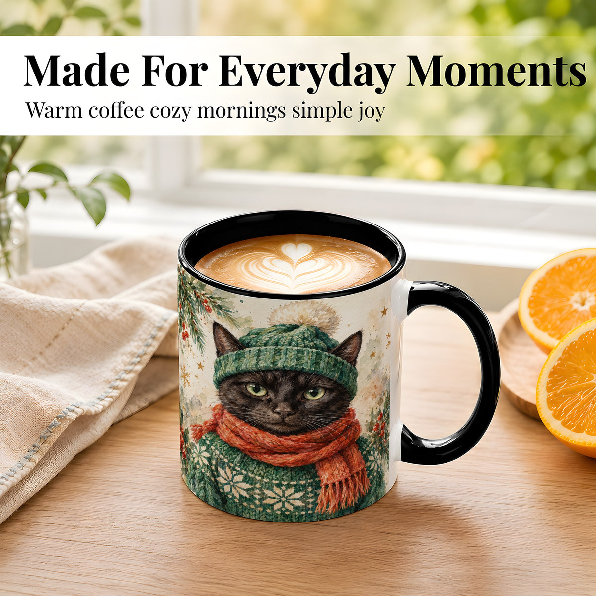 #pl[11oz|Black] Watercolor Black Cat Coffee Mug, Christmas Kitty Mug, Ceramic Cup