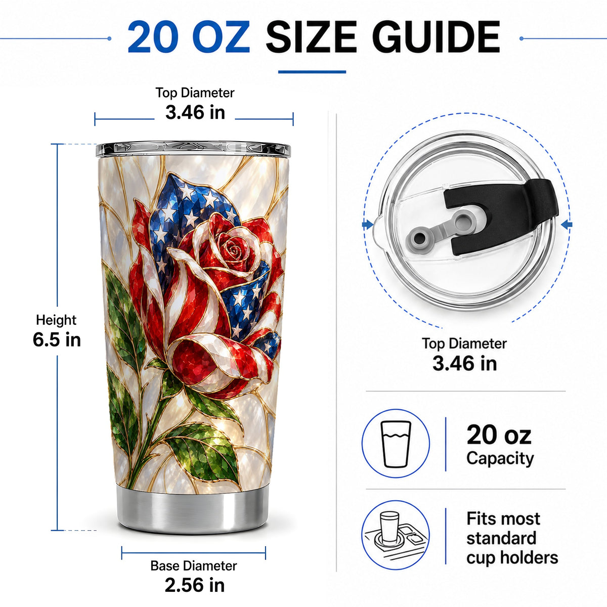 #pl[20oz|Steel] Patriotic Rose 20oz Tumbler, Stars and Stripes Floral Artwork for Daily Use
