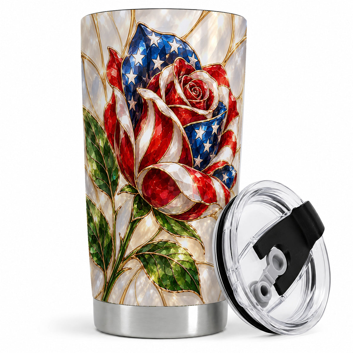 Patriotic Rose 20oz Tumbler, Stars and Stripes Floral Artwork for Daily Use