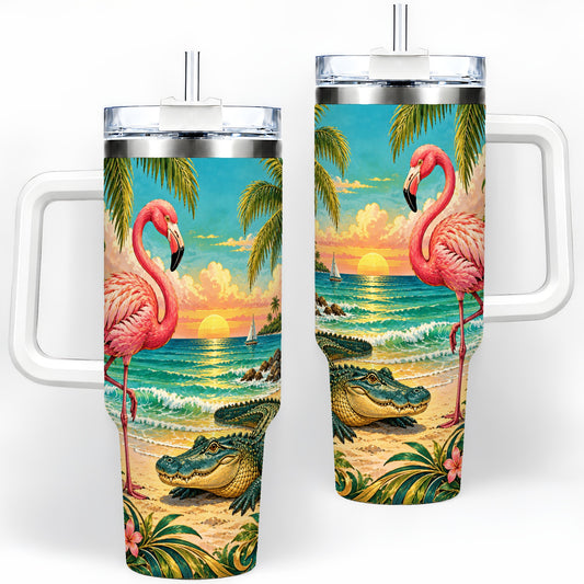 Tropical Flamingo 40oz Tumbler with Alligator Beach Wildlife Artwork
