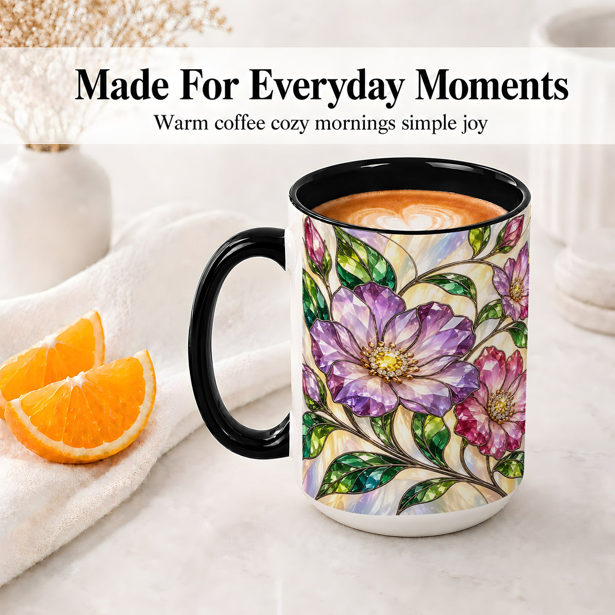 #pl[15oz|Black] Gemstone Floral Ceramic Mug with Purple Pink Botanical Artwork
