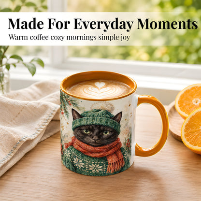 #pl[11oz|Orange] Watercolor Black Cat Coffee Mug, Christmas Kitty Mug, Ceramic Cup