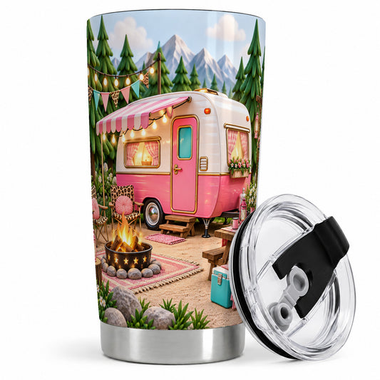 Retro Camper 20oz Tumbler with Pink Campsite Art for Camping Fans