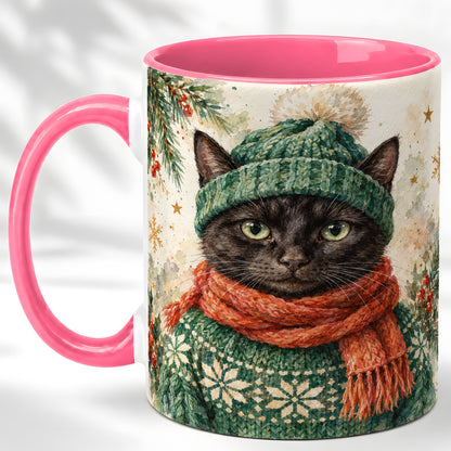 #pl[11oz|Pink] Watercolor Black Cat Coffee Mug, Christmas Kitty Mug, Ceramic Cup