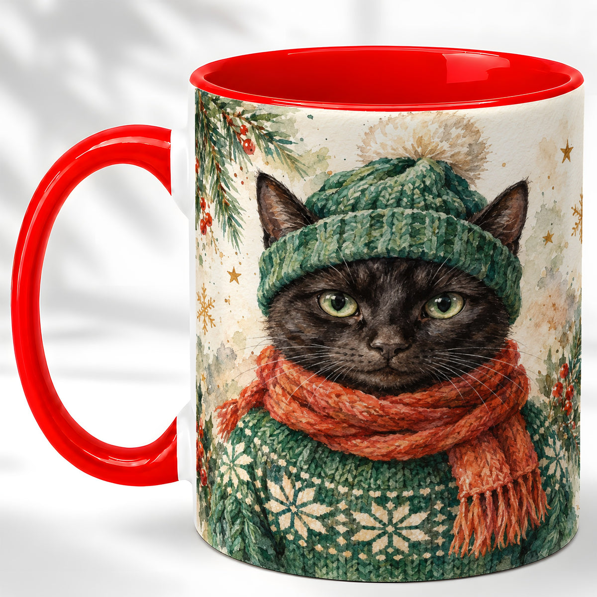 Watercolor Black Cat Coffee Mug, Christmas Kitty Mug, Ceramic Cup